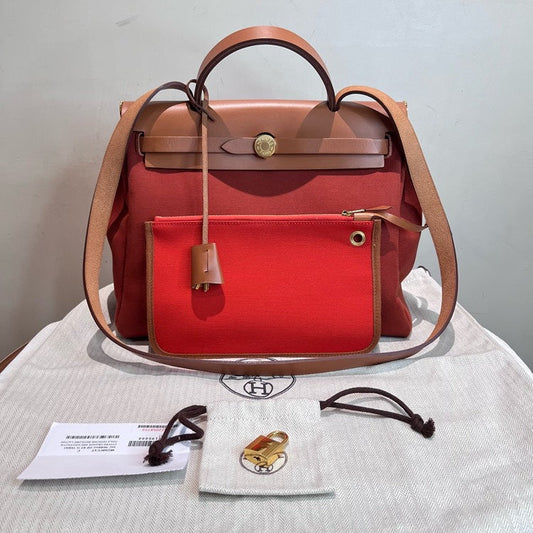 Hermes Herbag Zip 31 Two-Tone Red Canvas and Leather Top Handle Bag with Lock & Keys