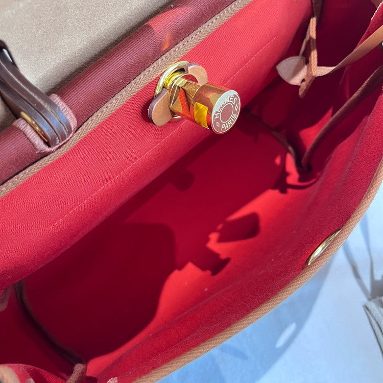 Hermes Herbag Zip 31 Two-Tone Red Canvas and Leather Top Handle Bag with Lock & Keys