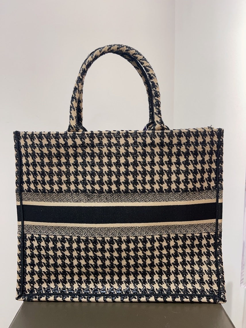 Christian Dior Book Tote Large Houndstooth Canvas Bag