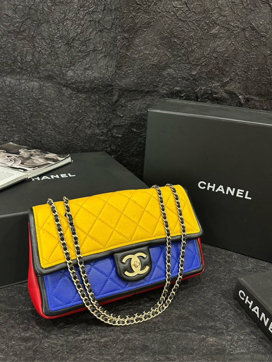 Chanel Tricolor Red/Yellow/Blue CF Bag 26cm×15cm - Medium Leather Shoulder Bag