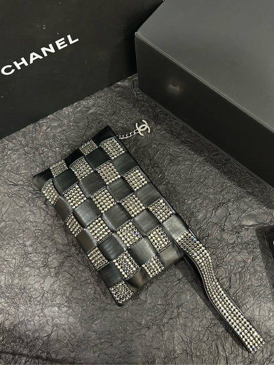 Chanel Black & Silver Checkerboard Diamond-Accented Top Handle Bag