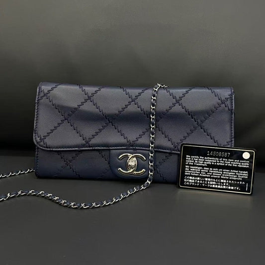 Chanel Preloved Quilted Navy Blue Leather Wallet on Chain Bag