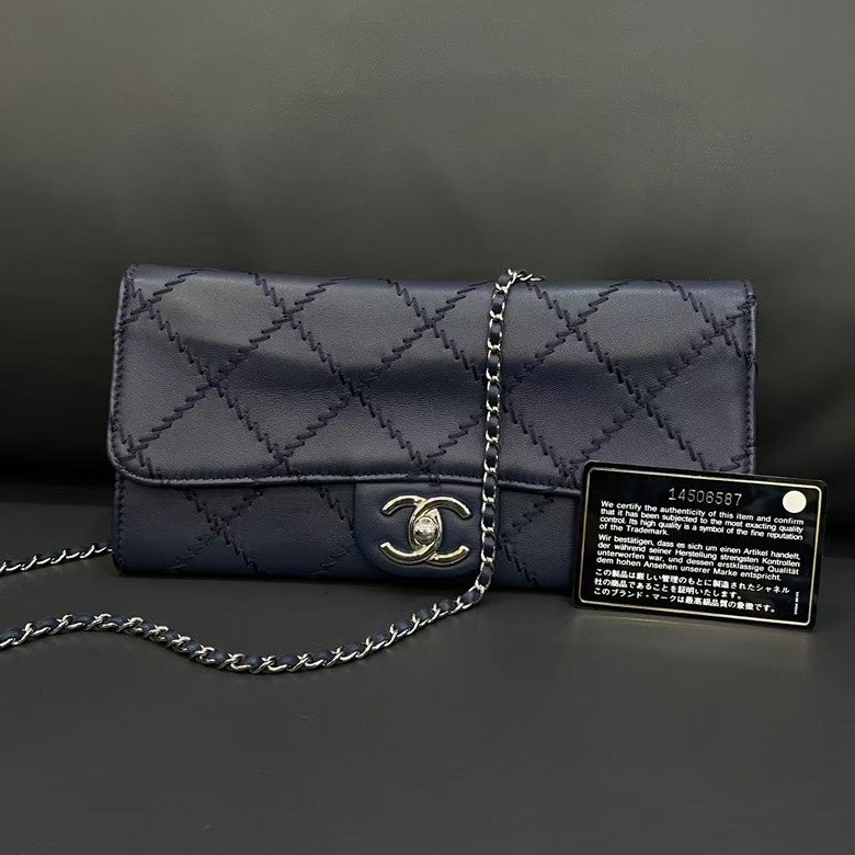 Chanel Preloved Quilted Navy Blue Leather Wallet on Chain Bag