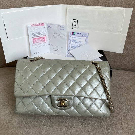 Chanel Classic Flap Bag Silver Leather Shoulder Bag