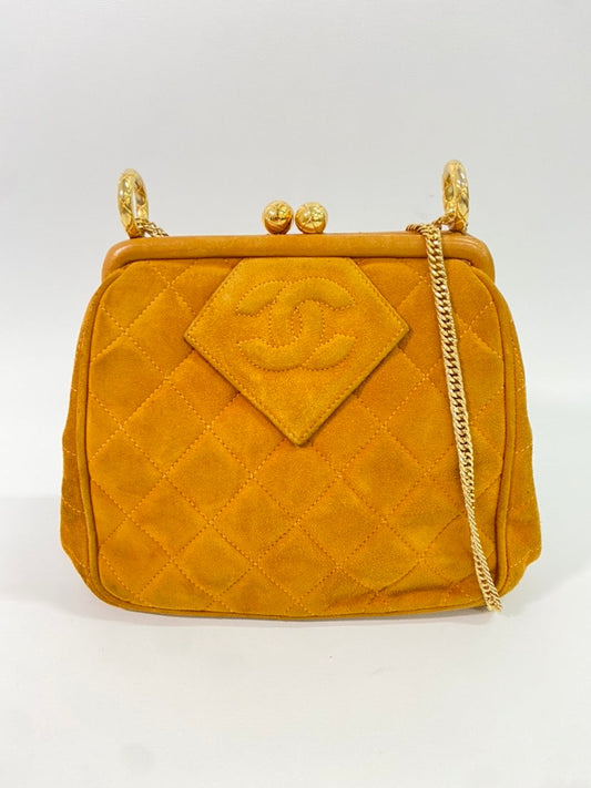 CHANEL Vintage Quilted Suede Chain Top Handle Bag Mustard