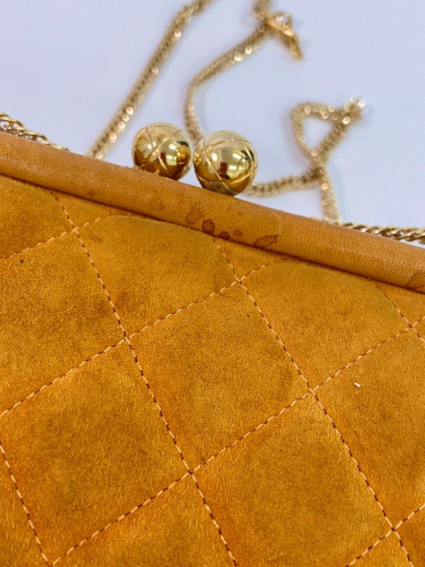 CHANEL Vintage Quilted Suede Chain Top Handle Bag Mustard