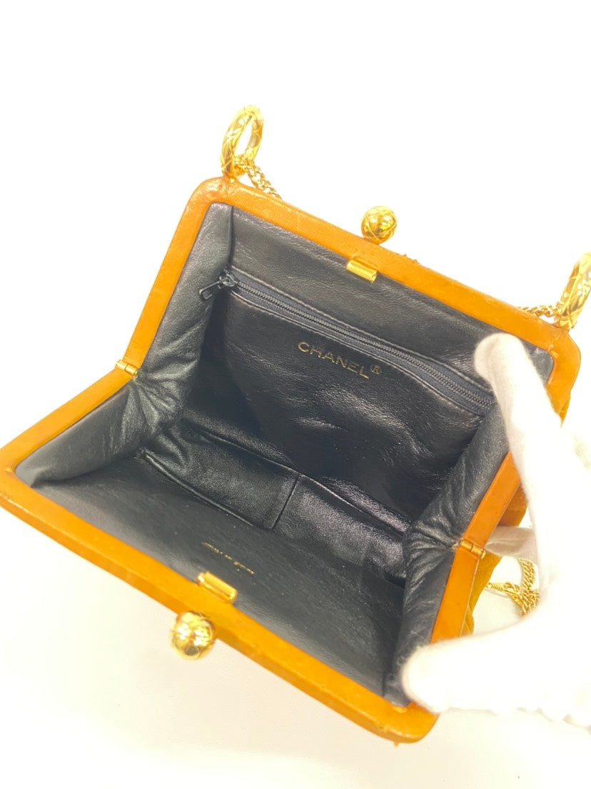 CHANEL Vintage Quilted Suede Chain Top Handle Bag Mustard