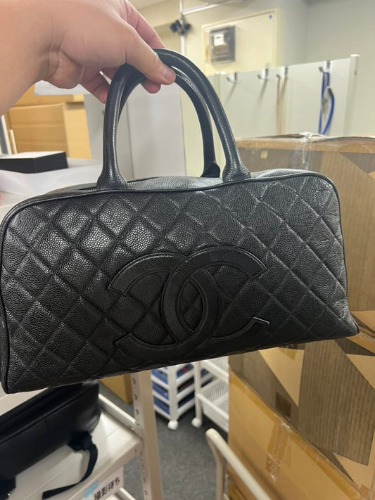 Preloved Chanel Quilted Black Leather Satchel Top Handle Bag