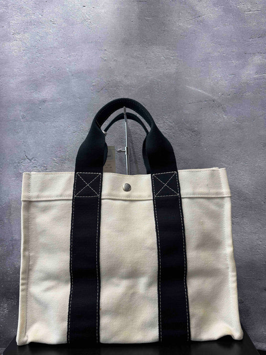 Hermes Canvas Tote JZ29423000 in White and Black Striped Design, Vintage Tote Bag
