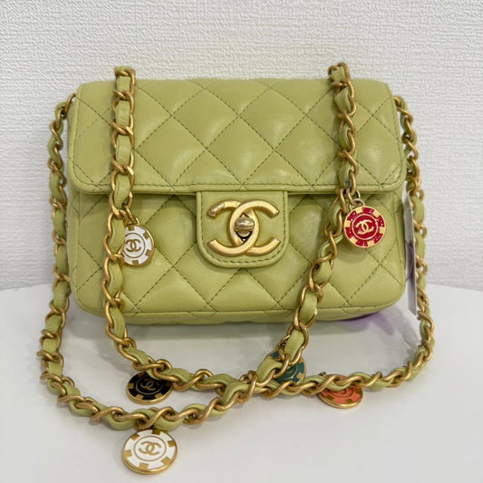 Chanel Lambskin Mini Flap Chain Bag in Lime Green - Preloved, Microchipped FM0011