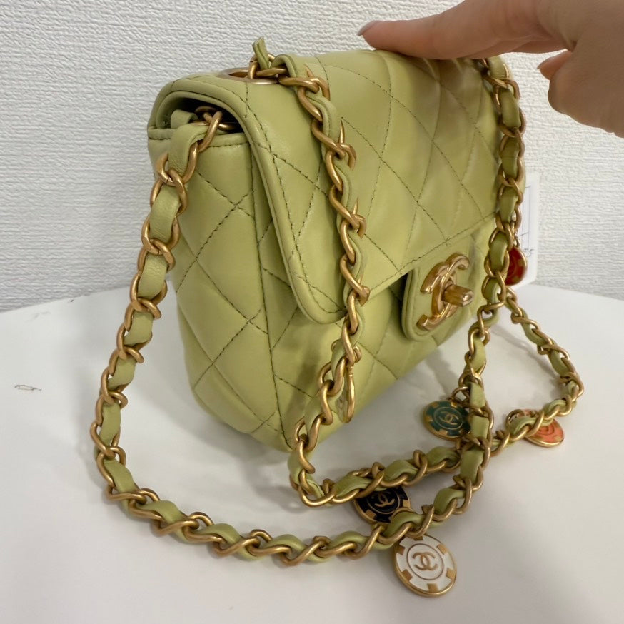 Chanel Lambskin Mini Flap Chain Bag in Lime Green - Preloved, Microchipped FM0011