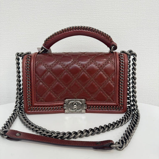 Chanel Preloved Calfskin Boy Top Handle 2way Bag Burgundy