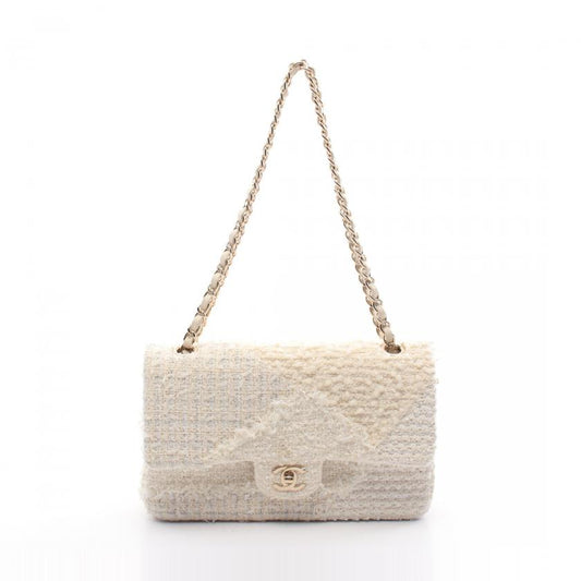 CHANEL Matelassé W Flap Tweed Off White Gold Shoulder Bag