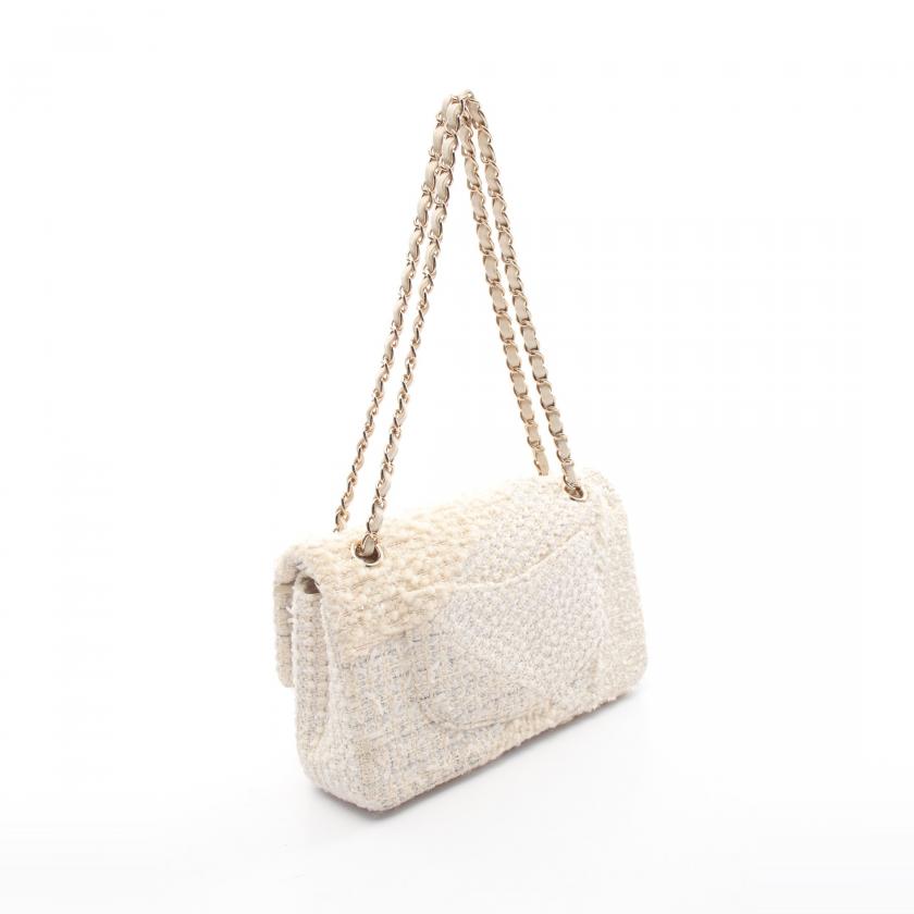 CHANEL Matelassé W Flap Tweed Off White Gold Shoulder Bag