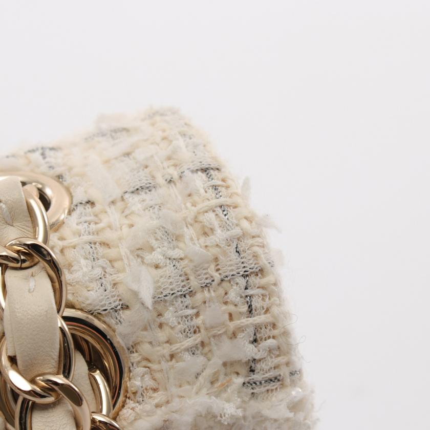 CHANEL Matelassé W Flap Tweed Off White Gold Shoulder Bag