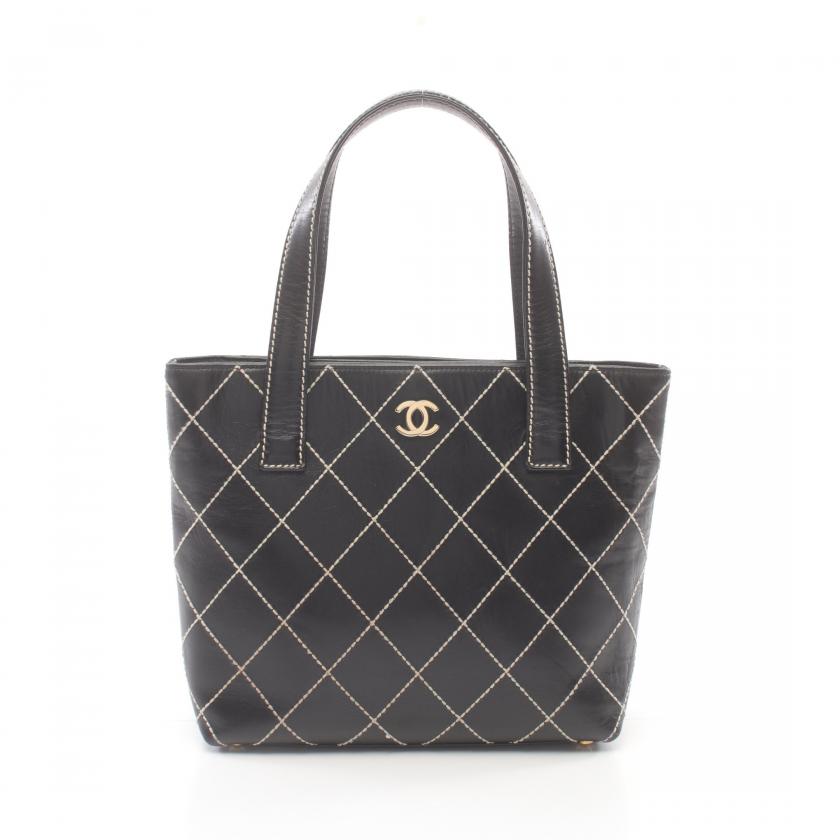 Pre-loved CHANEL Wild Stitch Handbag Tote Bag Leather Black Gold Hardware
