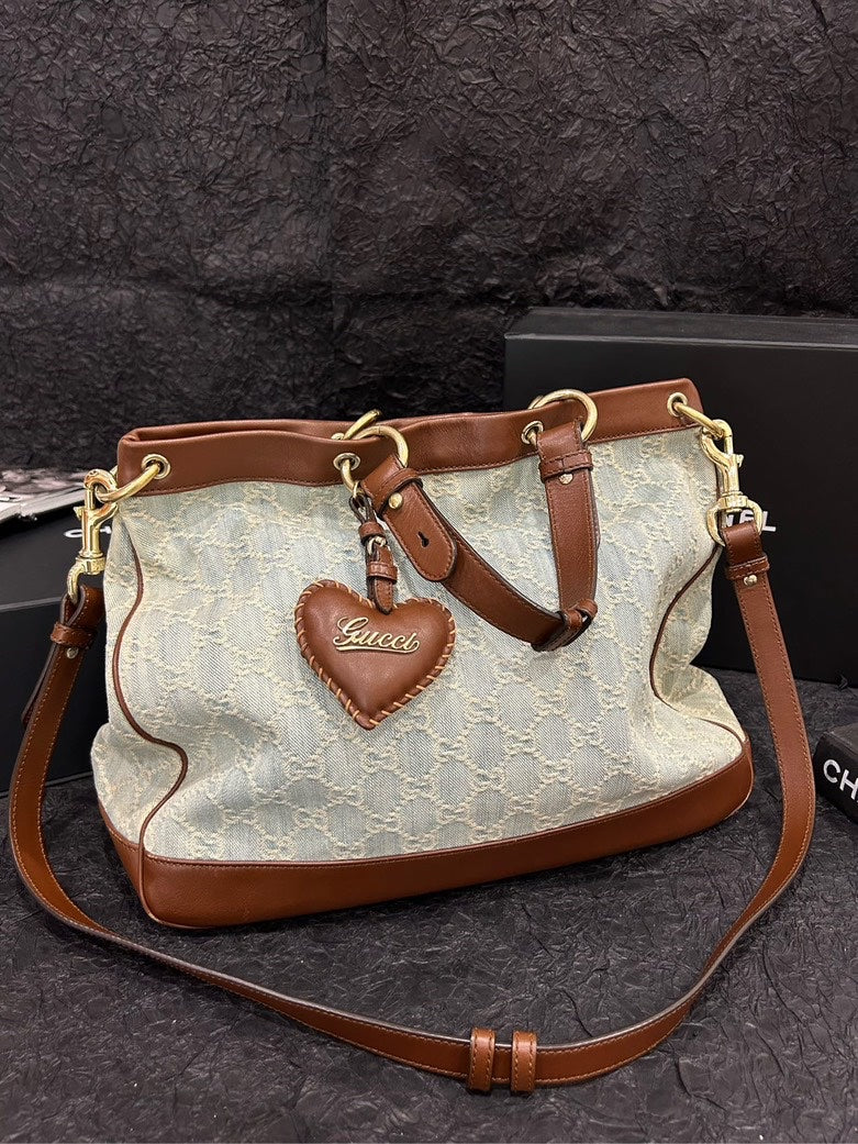 Gucci Valentine's Day Limited Edition Denim and Leather Patchwork Tote Bag - Blue/Brown Tote