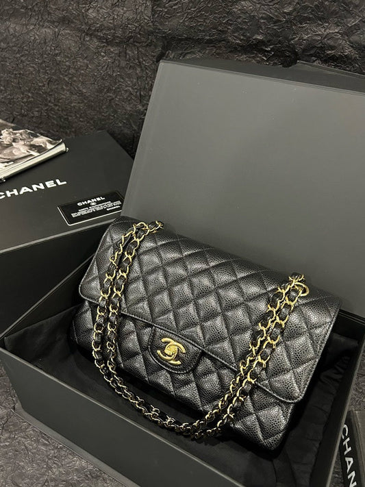 Chanel Black Gold Caviar Classic Flap Shoulder Bag S