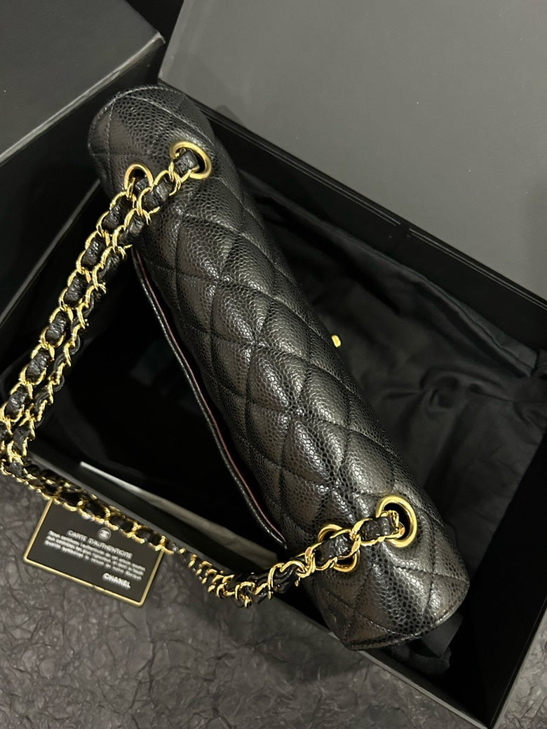 Chanel Black Gold Caviar Classic Flap Shoulder Bag S
