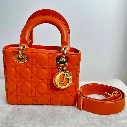 Pre-loved Dior Lady Dior Orange Lambskin Handbag Shoulder Bag - BJ1101605012