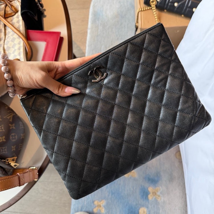 Chanel Quilted Leather Pouch Bag Black Clutch