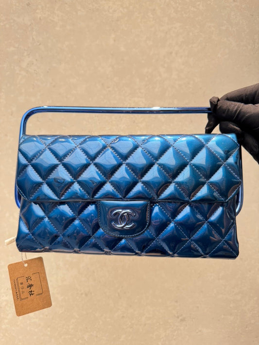 Chanel Quilted Patent Leather Flap Bag in Blue - Handle Clutch