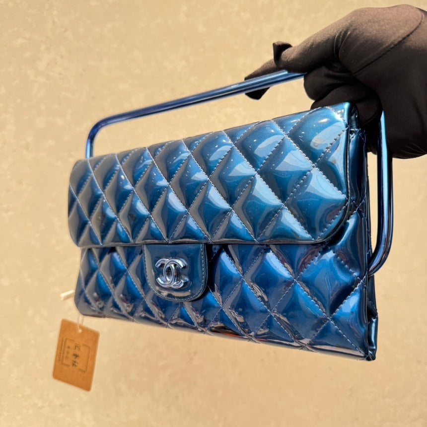 Chanel Quilted Patent Leather Flap Bag in Blue - Handle Clutch