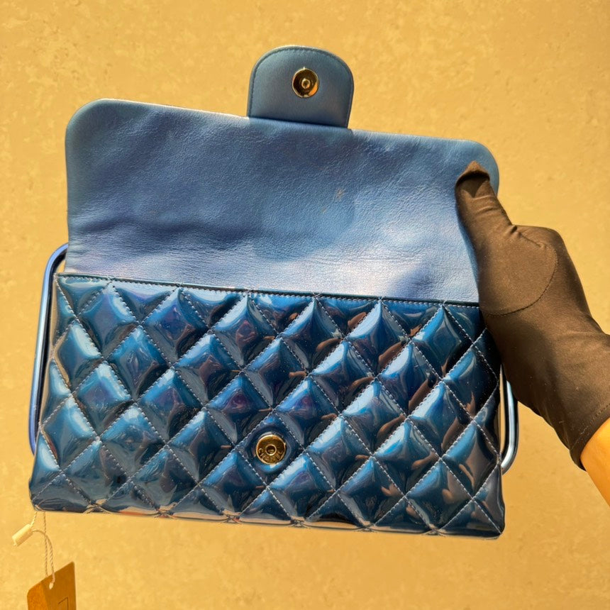 Chanel Quilted Patent Leather Flap Bag in Blue - Handle Clutch