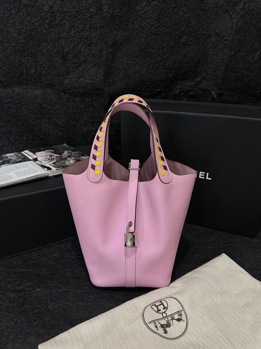 Hermès Picotin 18 Tote Bag Pink Leather with Pattern Handle