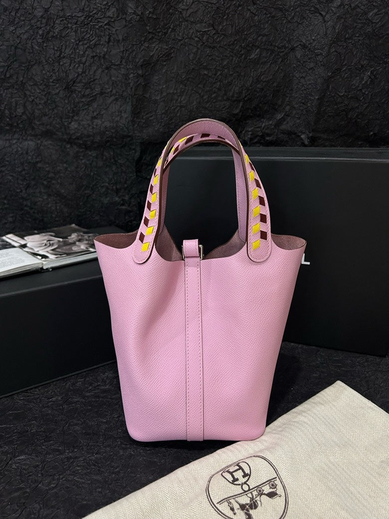 Hermès Picotin 18 Tote Bag Pink Leather with Pattern Handle