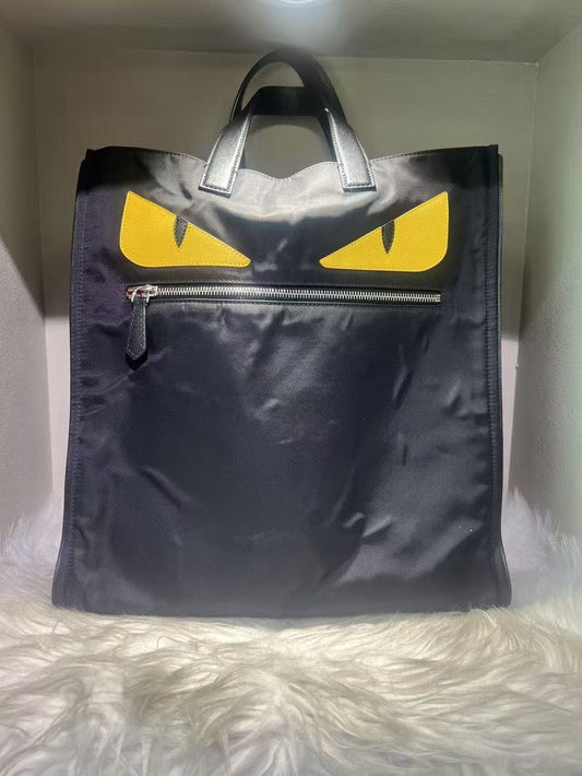 FENDI Peekaboo Yellow Eyes Large Black Nylon Tote Bag