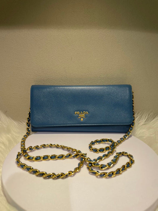 Pre-loved PRADA Blue Saffiano Leather Chain Crossbody Bag