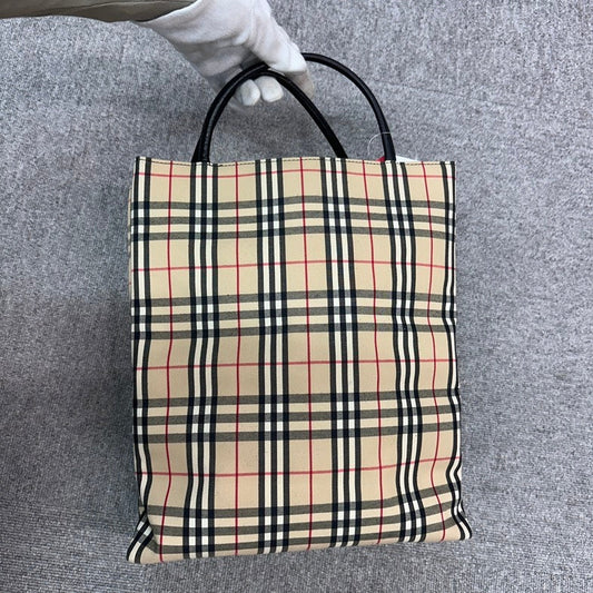 Pre-loved Burberry BVJ Plaid Beige Canvas Tote Bag