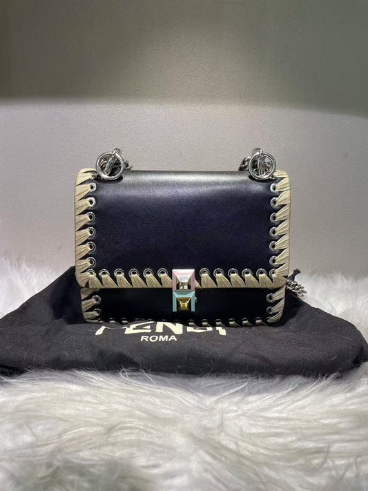 FENDI Black and Beige Leather Crossbody Bag