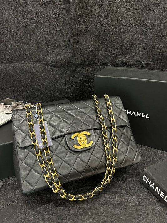Chanel Black Gold Classic Flap Crossbody Shoulder Bag 34cm