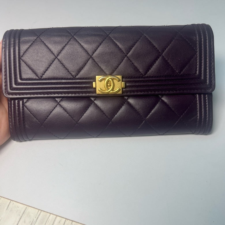Chanel Dark Purple Calfskin Quilted Long Wallet