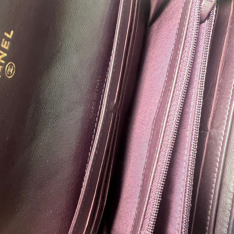Chanel Dark Purple Calfskin Quilted Long Wallet