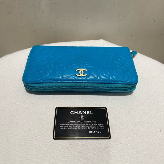 Chanel Camellia Wallet in Vibrant Blue Leather - Preloved with Card