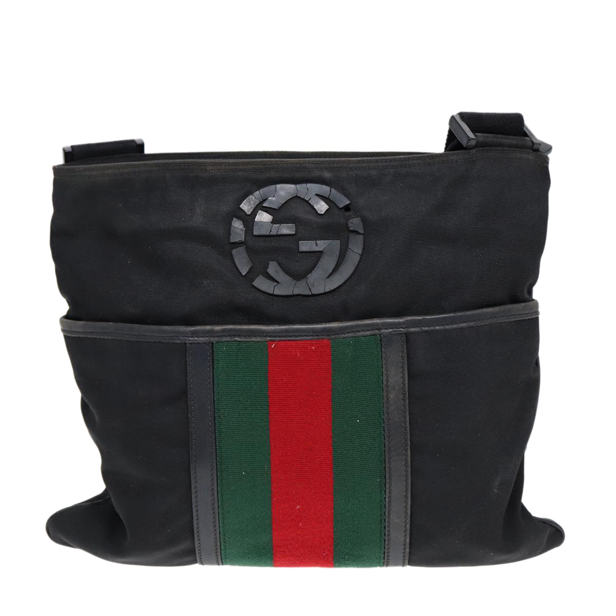 GUCCI Web Sherry Line Shoulder Bag Nylon Black Silver 181067 Auth ti1952