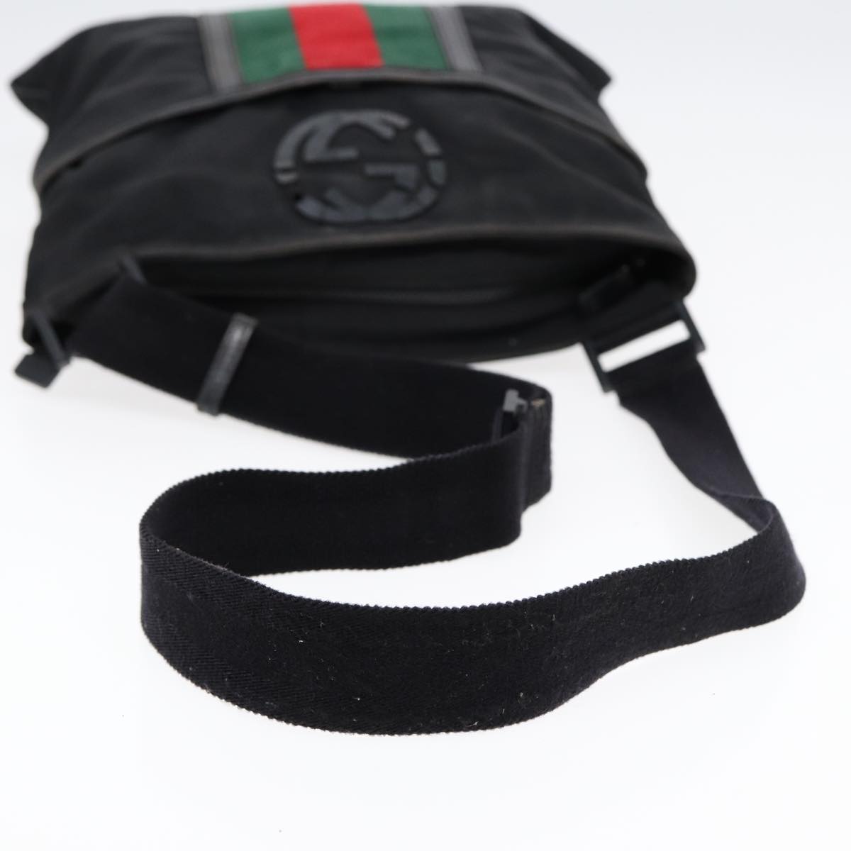 GUCCI Web Sherry Line Shoulder Bag Nylon Black Silver 181067 Auth ti1952