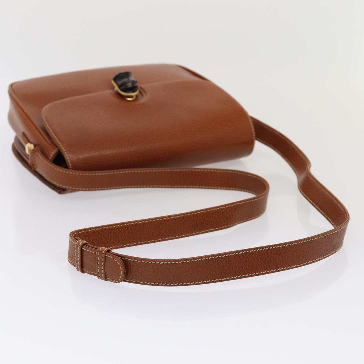 GUCCI Bamboo Shoulder Bag Leather Brown Gold Auth yk14184