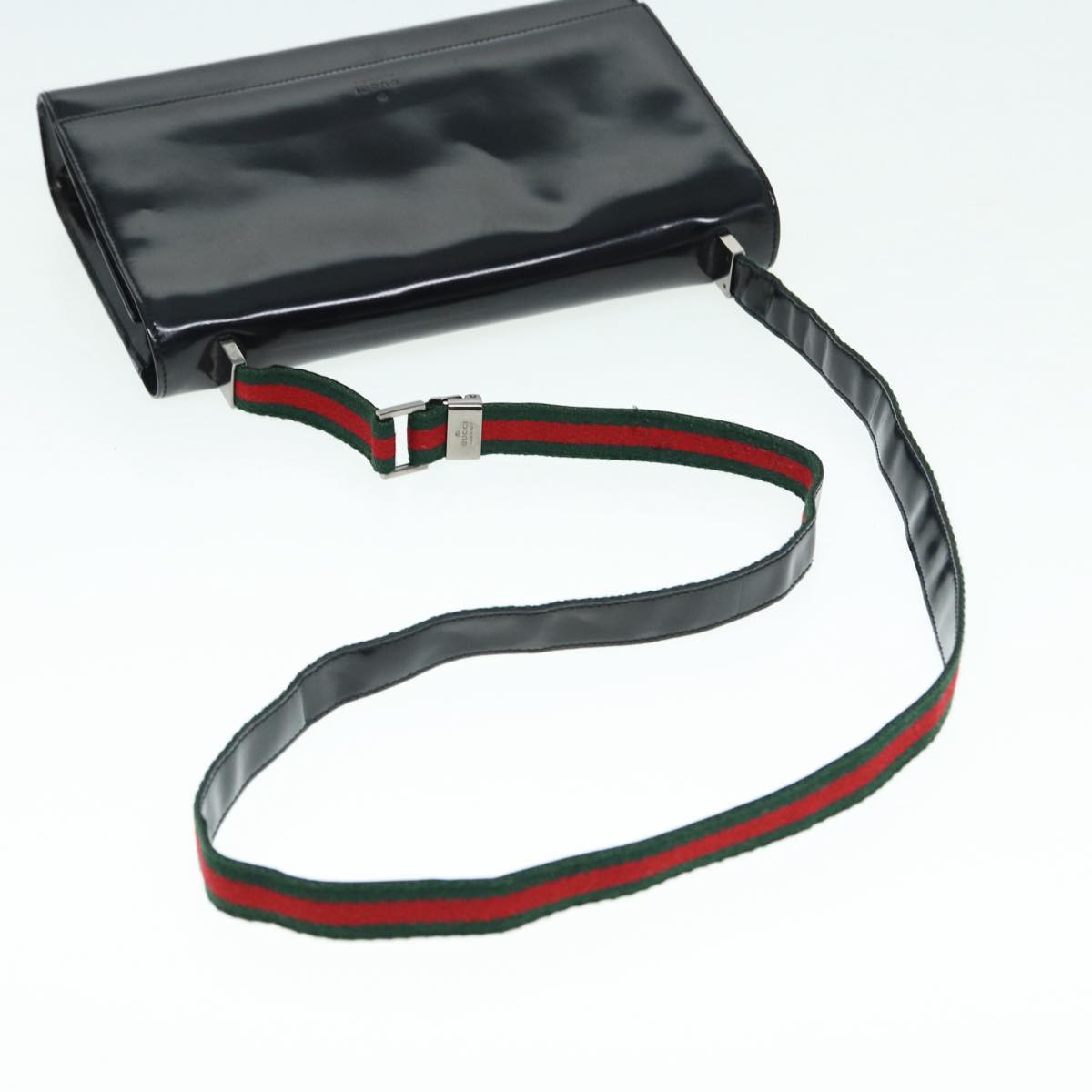 GUCCI Web Sherry Line Shoulder Bag Patent Leather Black Red 0013248 Auth yk14343