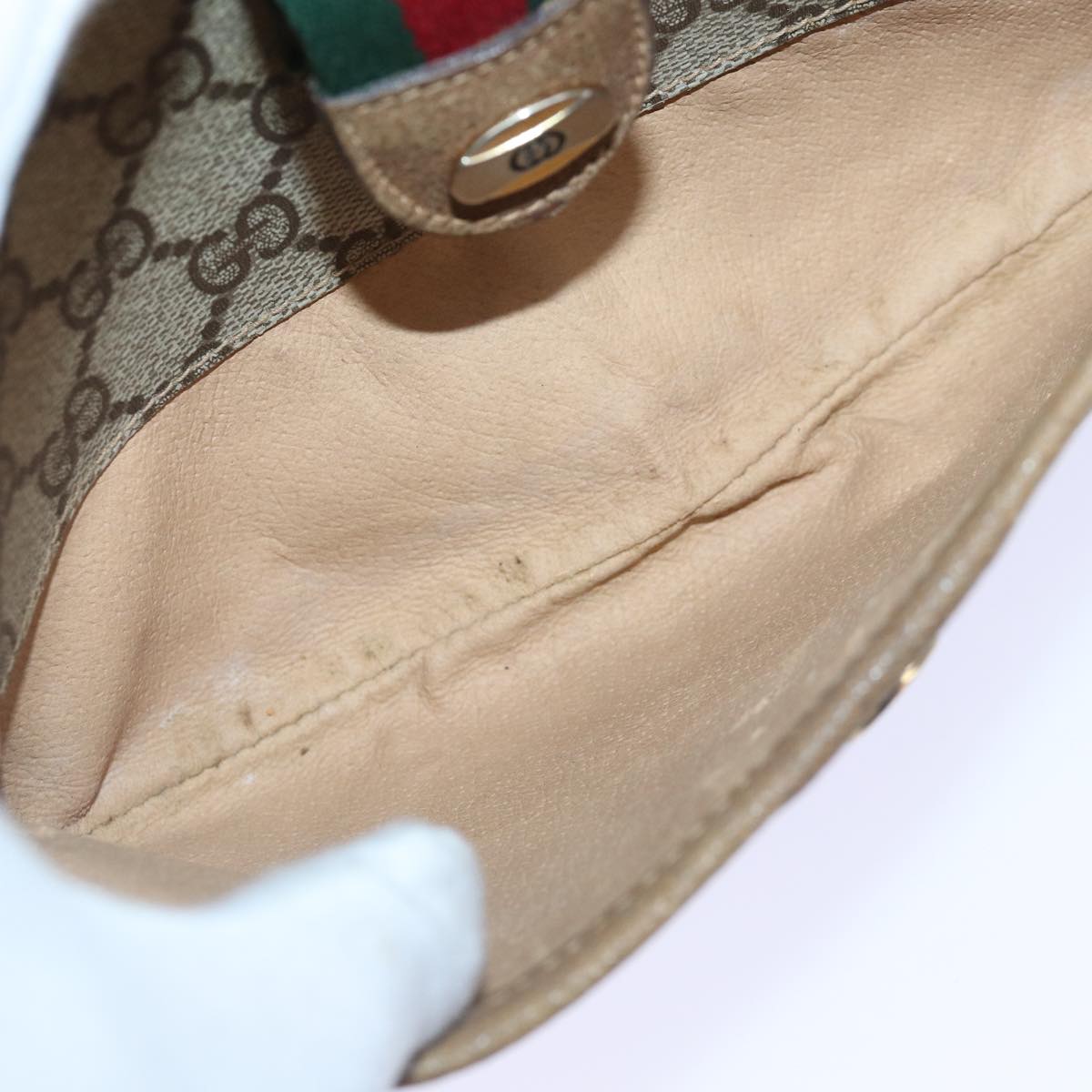 GUCCI GG Supreme Web Sherry Line Shoulder Bag PVC Beige Gold Auth yk14355