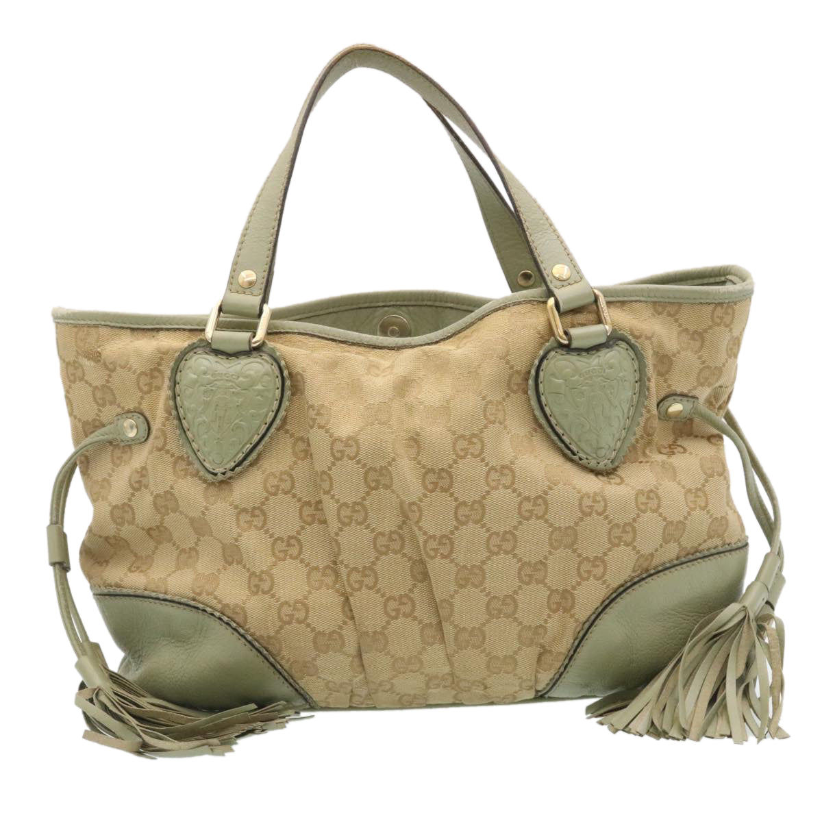 GUCCI GG Canvas Tote Bag Fringe Beige Green  yk3822