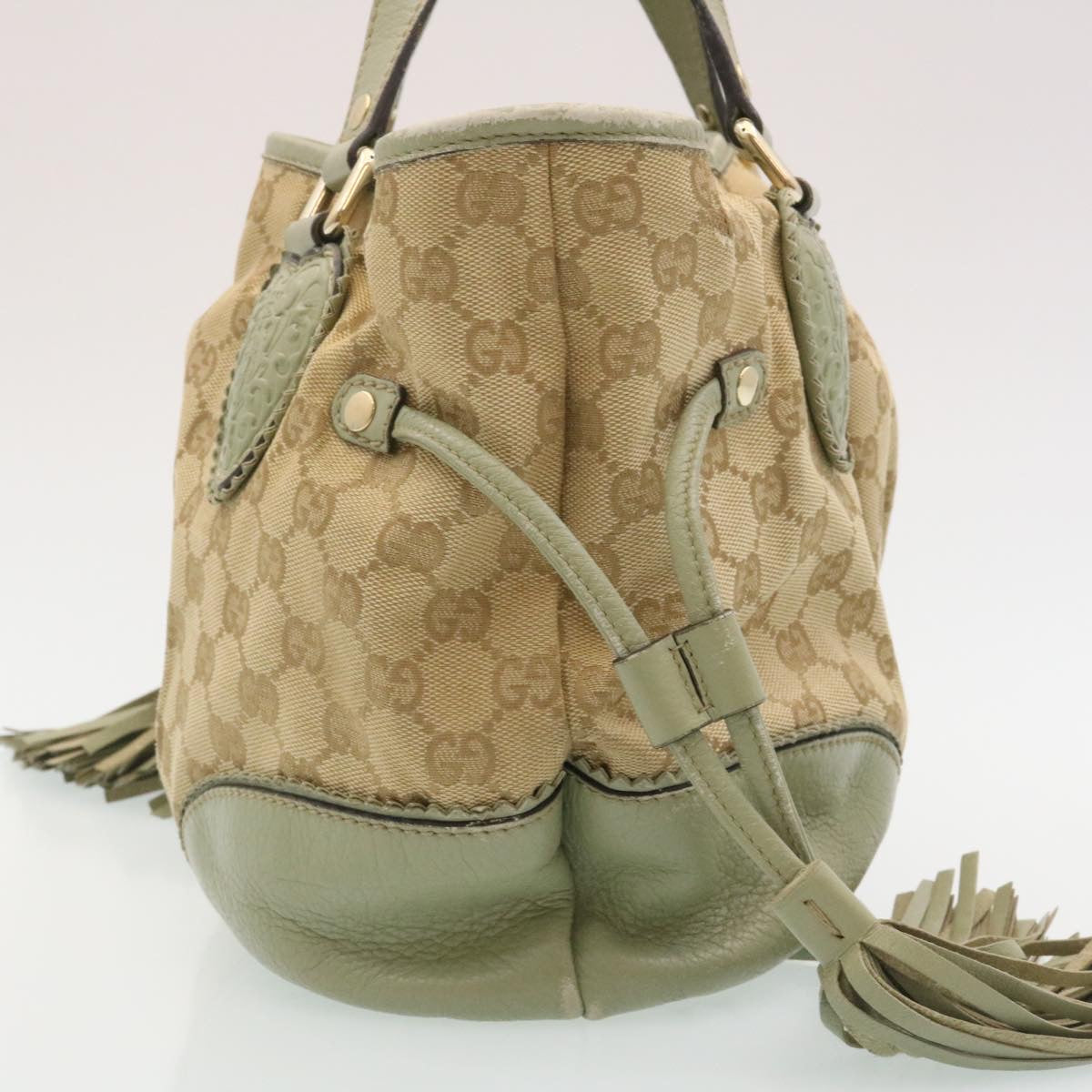 GUCCI GG Canvas Tote Bag Fringe Beige Green  yk3822